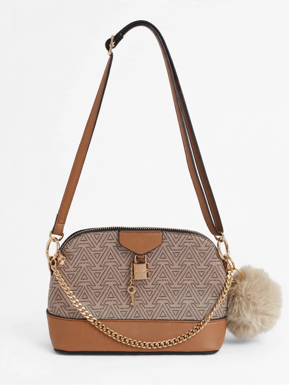 Aldo Tan Patterned Crossbody with Gold Chain and Pom Pom